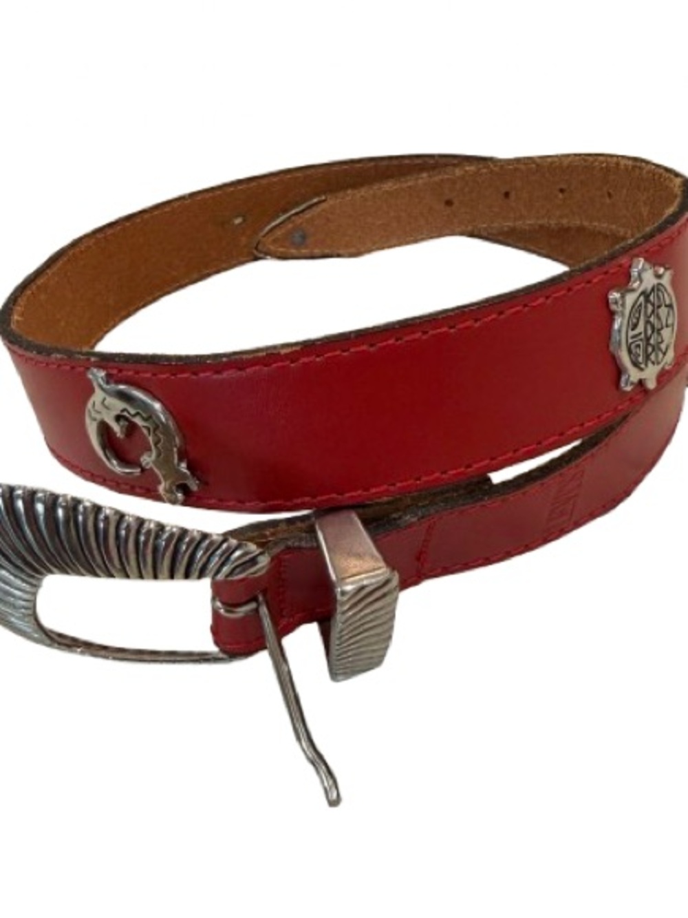 Vintage Levi’s Red Leather Belt Made USA Cowhide Western Motif Conchos Sz 32